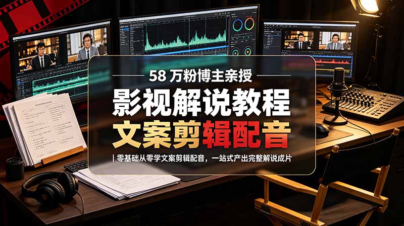 58 万粉博主荧幕春秋亲授影视解说教程｜零基础从零学文案剪辑配音，一站式产出完整解说成片-副业网