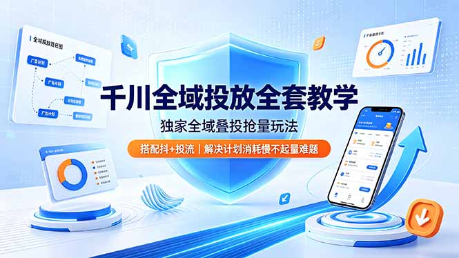 千川全域投放全套教学，独家全域叠投抢量玩法，搭配抖+投流，解决计划消耗慢不起量难题-副业网
