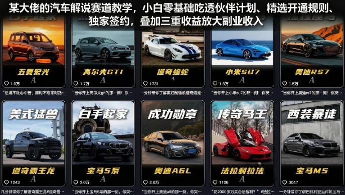 某大佬的汽车解说赛道教学，小白零基础吃透伙伴计划、精选开通规则、独家签约，叠加三重收益放大副业收入-副业网
