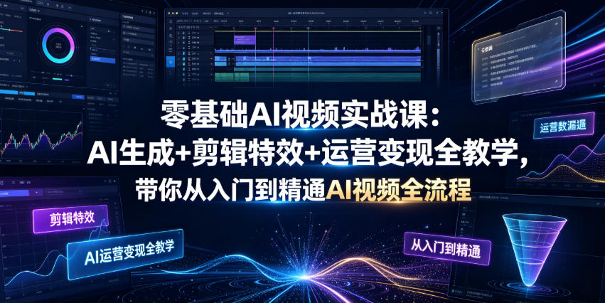 零基础AI视频实战课:AI生成+剪辑特效+运营变现全教学,带你从入门到精通AI视频全流程-副业网