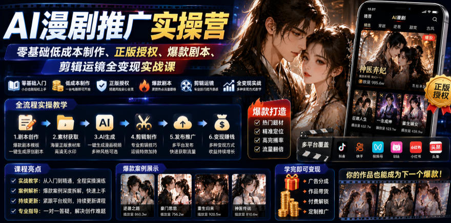 AI漫剧推广实操营｜零基础低成本制作、正版授权、爆款剧本、剪辑运镜全变现实战课-副业网