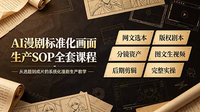 AI漫剧标准化画面生产SOP全套课程，网文选本版权剧本分镜资产全覆盖，图文生视频后期剪辑完整实操教学-副业网