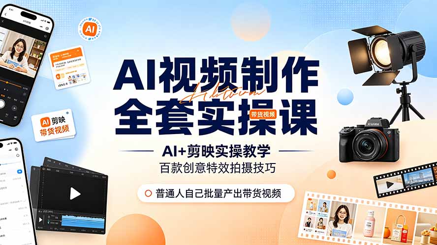 AI视频制作全套实操课，多款AI工具搭配剪映教学，百种特效运镜拍摄实操，抖音账号带货运营全覆盖-副业网