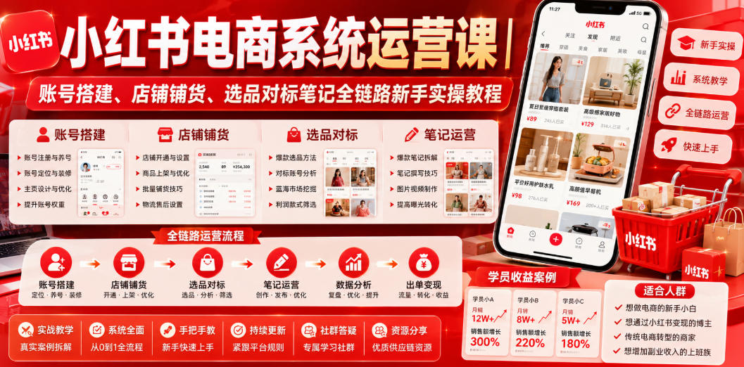 小红书电商系统运营课｜账号搭建、店铺铺货、选品对标笔记全链路新手实操教程-副业网