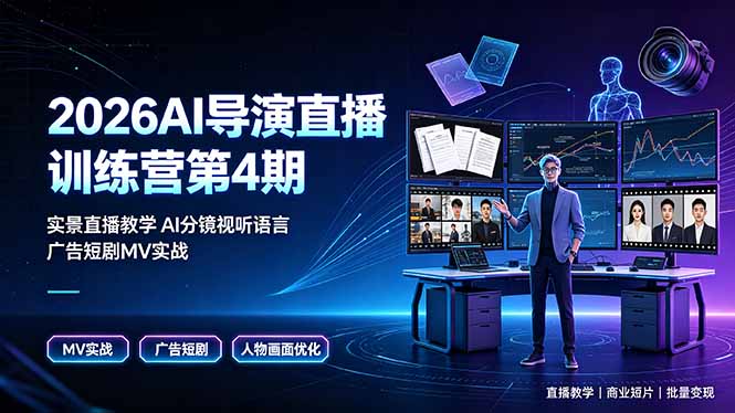 2026AI导演直播训练营第4期，实景直播教学AI分镜视听语言，广告短剧MV实战，解决人物画面崩坏痛点-副业网