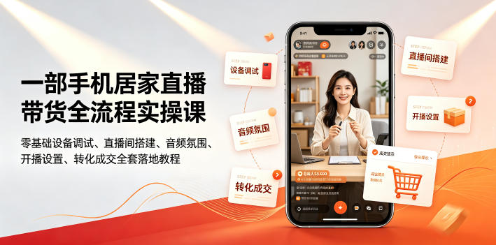 一部手机居家直播带货全流程实操课｜零基础设备调试、直播间搭建、音频氛围、开播设置、转化成交全套落地教程-副业网