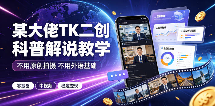 某大佬TK二创科普解说教学,不用原创拍摄不用外语基础,零基础做TikTok中视频稳定变现-副业网