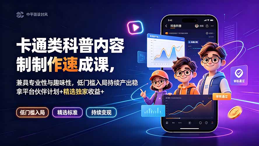 卡通类科普内容制作速成课,兼具专业性与趣味性,低门槛入局持续产出稳拿平台伙伴计划+精选独家收益-副业网