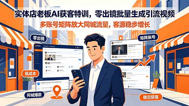 实体店老板AI获客特训,零出镜批量生成引流视频,多账号矩阵放大同城流量,客源稳步增长-副业网