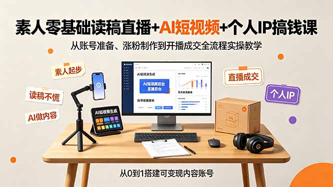 素人零基础读稿直播+AI短视频+个人IP搞钱课，从账号准备、涨粉制作到开播成交全流程实操教学-副业网