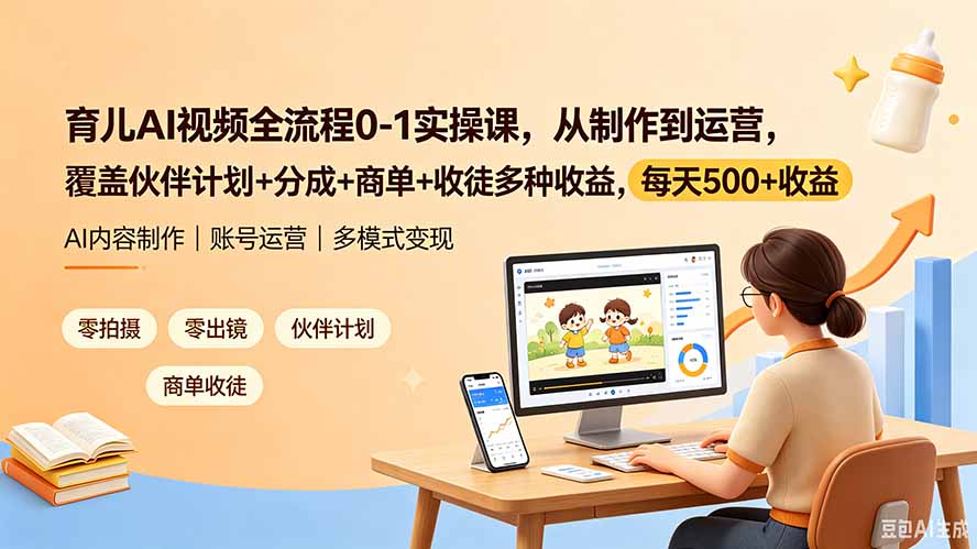 育儿AI视频全流程0-1实操课，从制作到运营，覆盖伙伴计划+分成+商单+收徒多种收益，每天500+收益-副业网