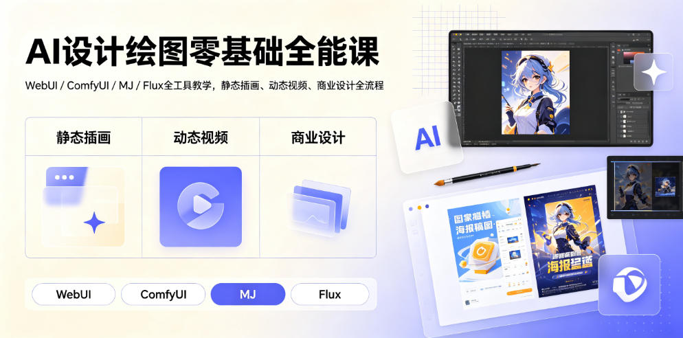 AI设计绘图零基础全能课｜WebUI/ComfyUI/MJ/Flux全工具教学，静态插画、动态视频、商业设计全流程-副业网