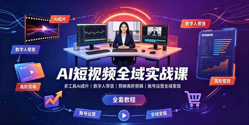 AI短视频全域实战课｜多工具AI成片、数字人带货、剪映高阶剪辑、账号运营全域变现全套教程-副业网