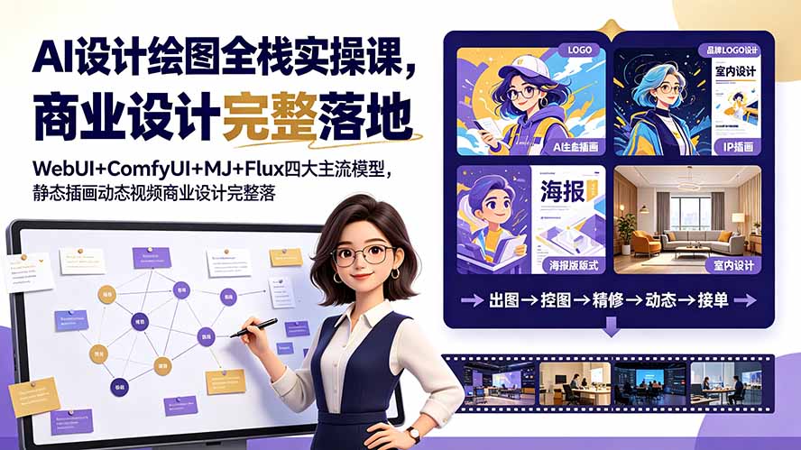 AI设计绘图全栈实操课,WebUI+ComfyUI+MJ+Flux四大主流模型,静态插画动态视频商业设计完整落地教程-副业网