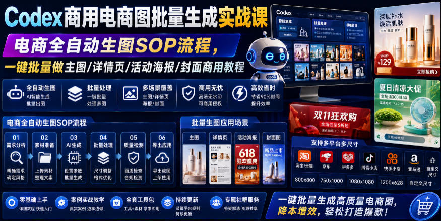 Codex商用电商图批量生成实战课|电商全自动生图SOP流程,一键批量做主图/详情页/活动海报/封面商用教程-副业网