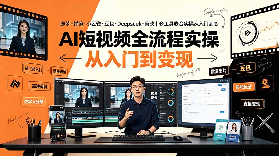 AI短视频全流程实操：即梦·蝉镜·小云雀·豆包·Deepseek·剪映｜多工具联合实操从入门到变现-副业网