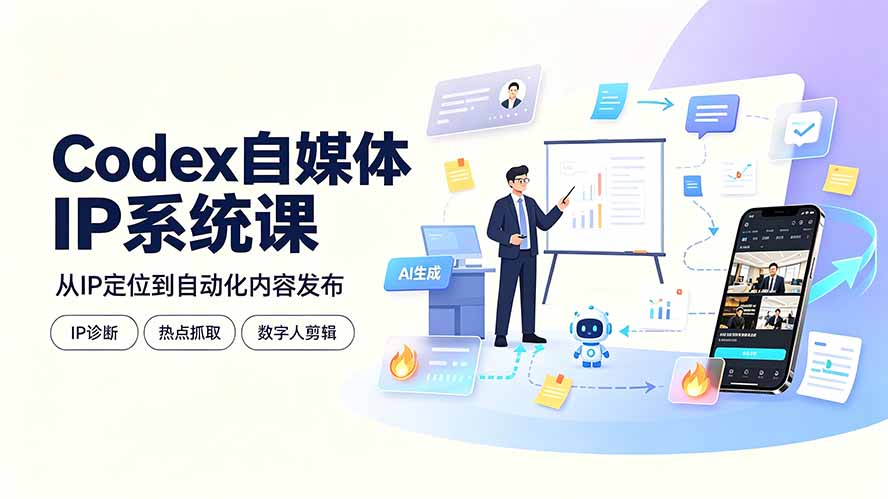 Codex自媒体IP系统课:IP诊断/热点抓取/IP蒸馏 Skill,爆款复刻数字人多平台自动发布教程-副业网