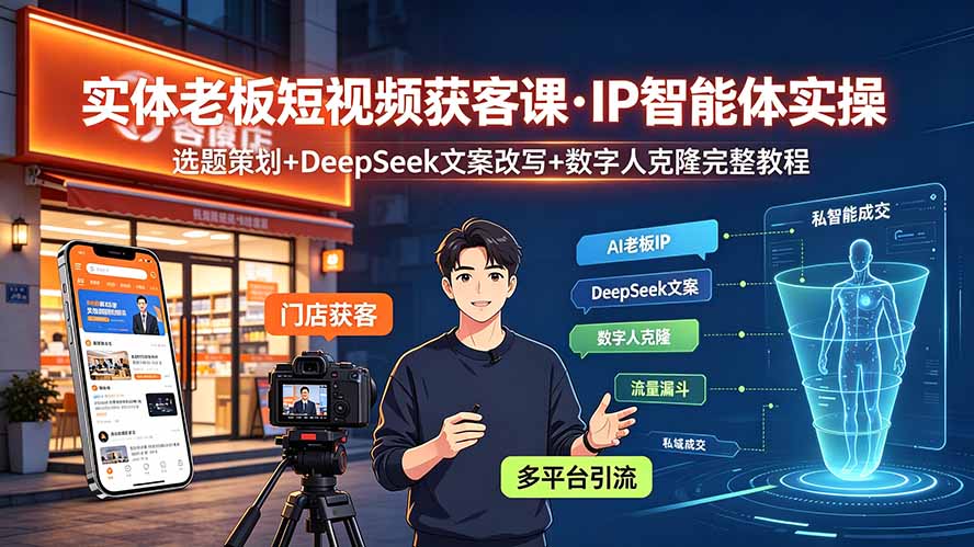 实体老板短视频获客课·IP智能体实操｜选题策划+DeepSeek文案改写+数字人克隆完整教程-副业网
