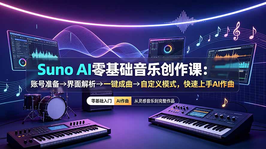 Suno AI零基础音乐创作课:账号准备→界面解析→一键成曲→自定义模式,快速上手AI作曲-副业网