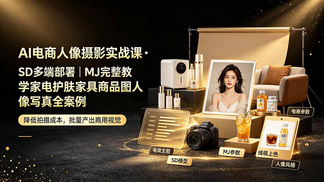 AI电商人像摄影实战课·SD多端部署|MJ完整教学|家电护肤家具商品图人像写真全案例-副业网