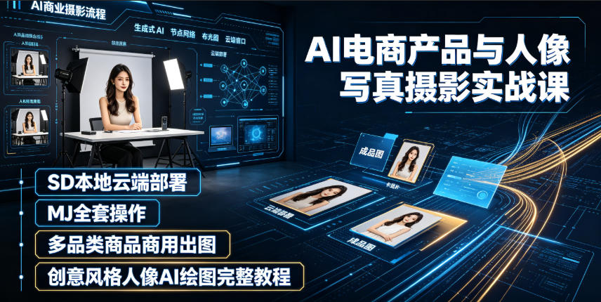 AI电商产品与人像写真摄影实战课｜SD本地云端部署、MJ全套操作、多品类商品商用出图、创意风格人像AI绘图完整教程-副业网