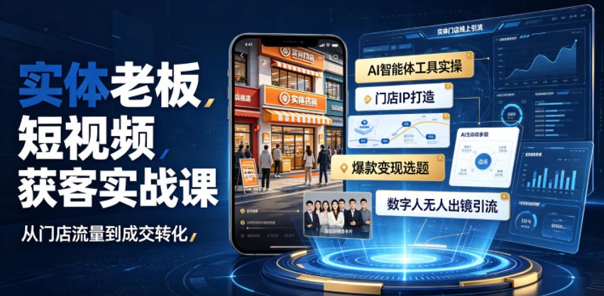 实体老板短视频获客实战课|AI智能体工具全套实操、门店IP打造、爆款变现选题、数字人无人出镜引流完整教程-副业网