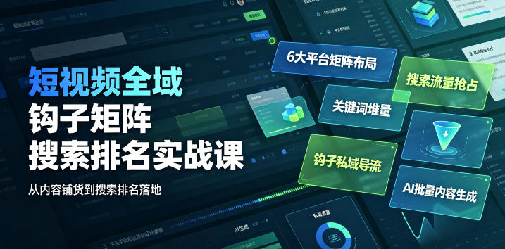 短视频全域钩子矩阵搜索排名实战课｜6大平台矩阵布局、关键词堆量抢占搜索流量、钩子私域导流、AI批量内容生成-副业网