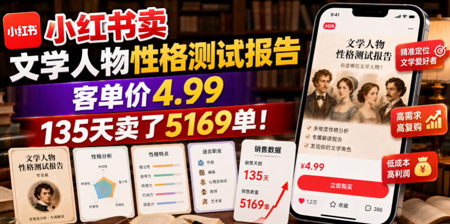 小红书卖文学人物性格测试报告,客单价4.99,135天卖了5169单!-副业网