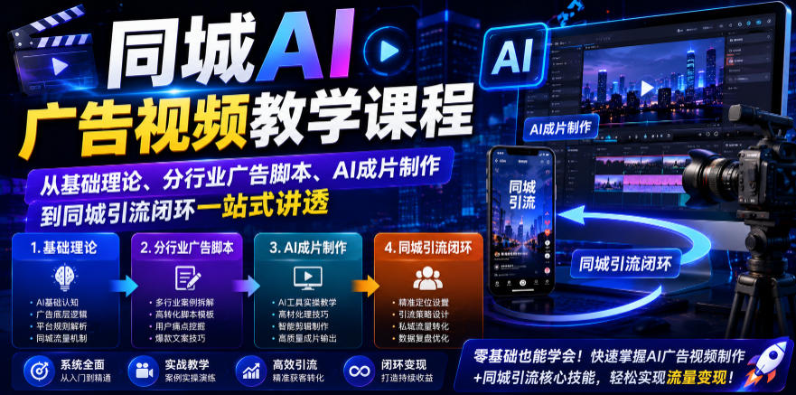 同城AI广告视频教学课程，从基础理论、分行业广告脚本、AI成片制作到同城引流闭环一站式讲透-副业网