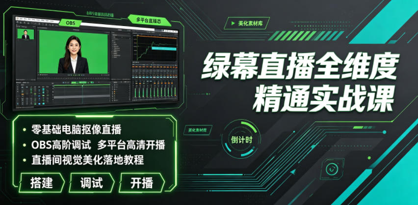 绿幕直播全维度精通实战课|零基础电脑抠像直播、OBS高阶调试、多平台高清开播、直播间视觉美化落地教程-副业网