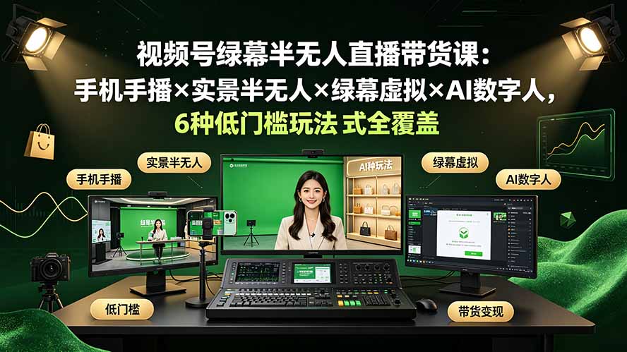 视频号绿幕半无人直播带货课：手机手播×实景半无人×绿幕虚拟×AI数字人，6种低门槛玩法全覆盖-副业网