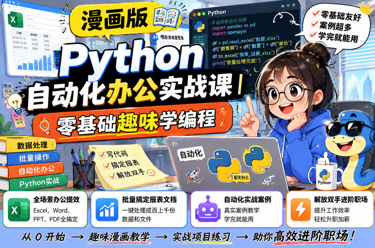 漫画版Python自动化办公实战课|零基础趣味学编程,全场景办公提效、批量搞定报表文档、解放双手进阶职场-副业网