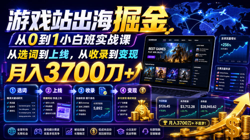 游戏站出海掘金从0到1小白实战课，从选词到上线，从收录到变现，月入3700刀+-副业网