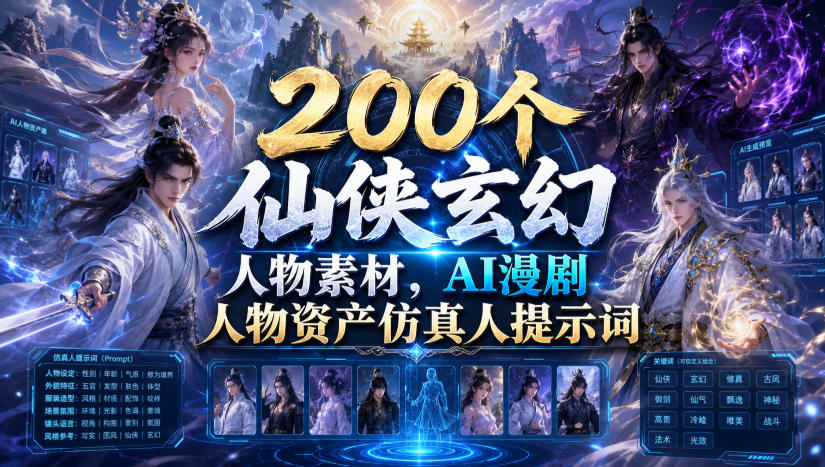200个仙侠玄幻人物素材，AI漫剧人物资产仿真人提示词-副业网