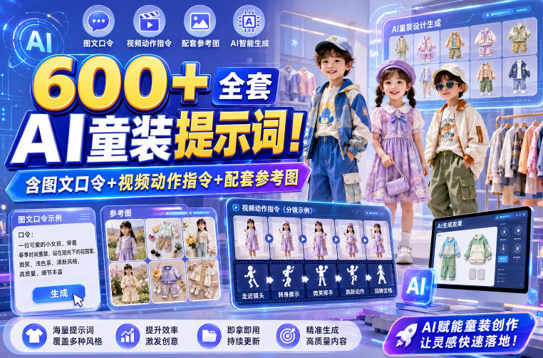 600+全套AI童装提示词!含图文口令+视频动作指令+配套参考图,Word-Excel规整分类,童装电商、种草无脑量产内容!-副业网