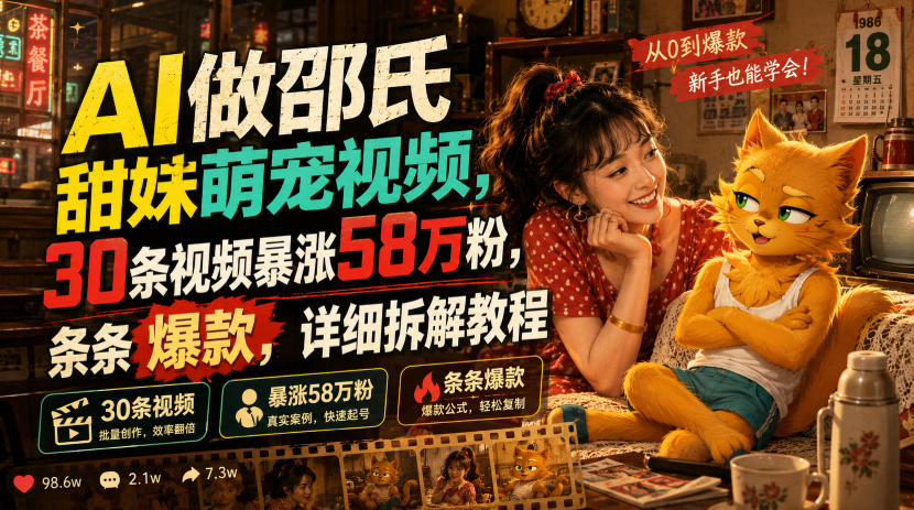 AI做邵氏甜妹萌宠视频,30条视频暴涨58万粉,条条爆款,详细拆解教程-副业网