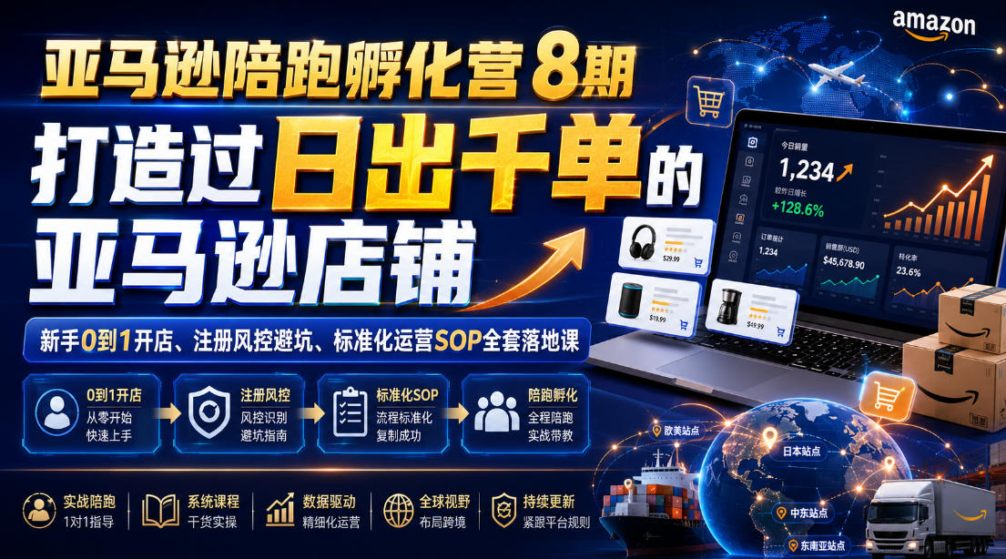 亚马逊陪跑孵化营8期，打造过日出千单的亚马逊店铺，新手0到1开店、注册风控避坑、标准化运营SOP全套落地课-副业网