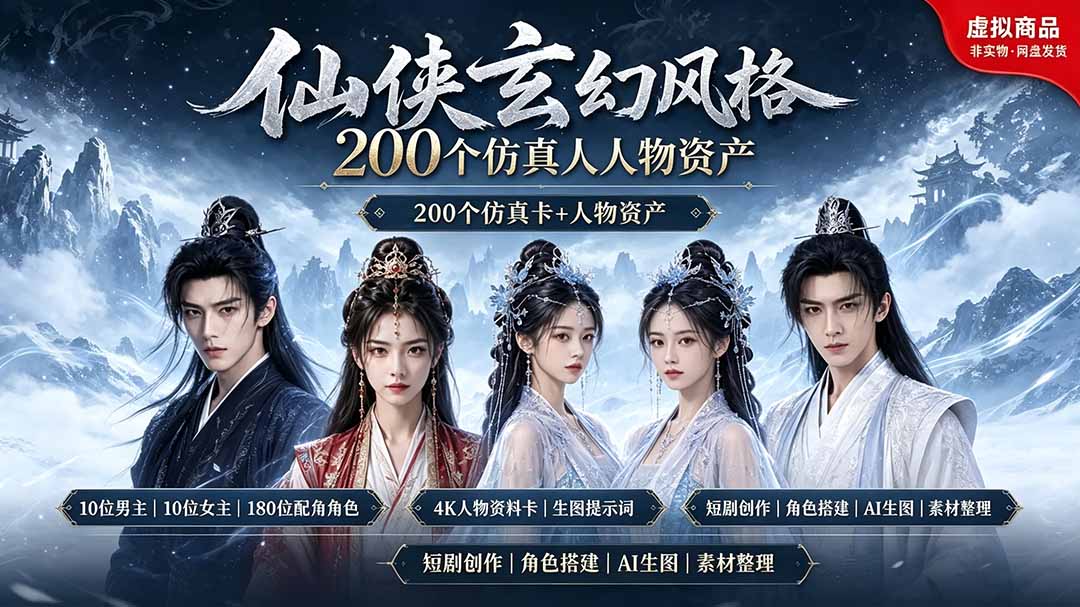 200个仙侠玄幻仿真人素材◆10男主×10女主×180配角，4K资料卡+AI生图提示词，漫剧必备-副业网