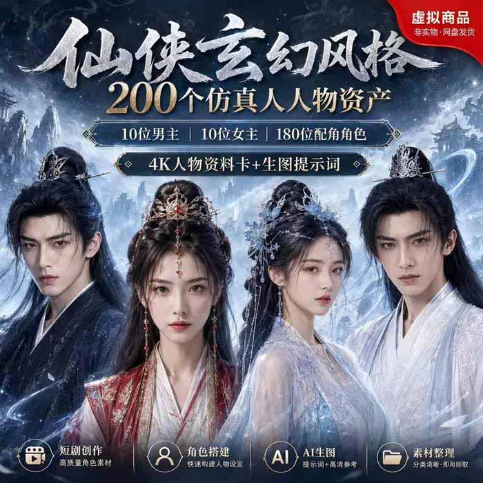 图片[2]-200个仙侠玄幻仿真人素材◆10男主×10女主×180配角，4K资料卡+AI生图提示词，漫剧必备-副业网