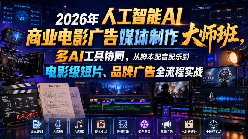 2026年人工智能AI商业电影广告媒体制作大师班,多AI工具协同,从脚本配音配乐到电影级短片、品牌广告全流程实战(中英字幕)-副业网