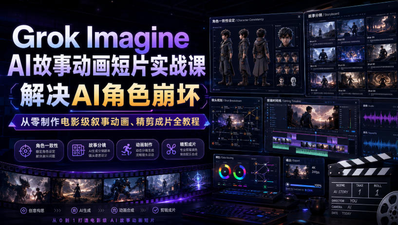 Grok Imagine AI故事动画短片实战课｜解决AI角色崩坏，从零制作电影级叙事动画、精剪成片全教程(中英字幕)-副业网