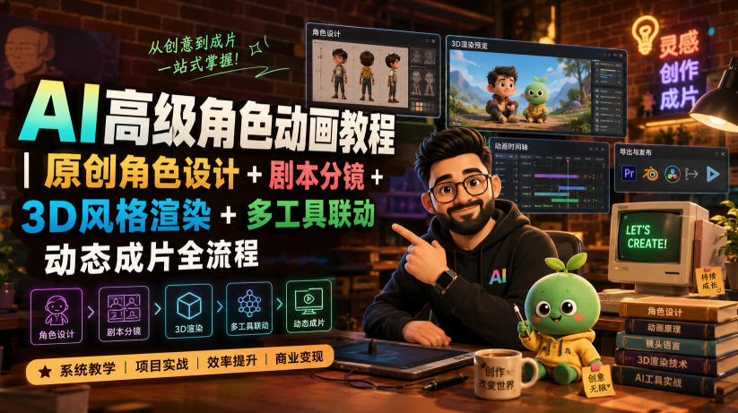 AI高级角色动画教程｜原创角色设计+剧本分镜+3D风格渲染+多工具联动动态成片全流程【中英字幕】-副业网