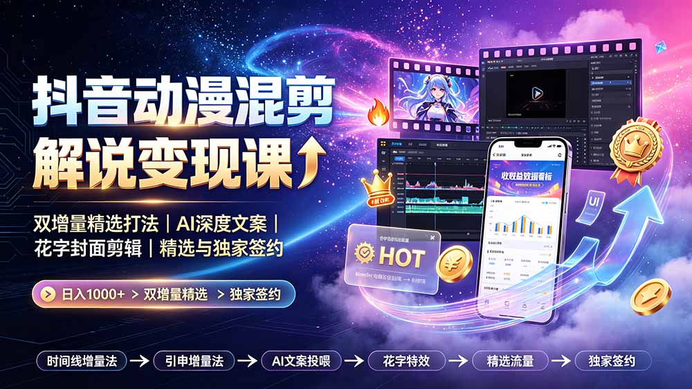 抖音动漫混剪解说变现课：双增量精选打法｜AI深度文案｜花字封面剪辑｜ 精选与独家签约日入1000+-副业网