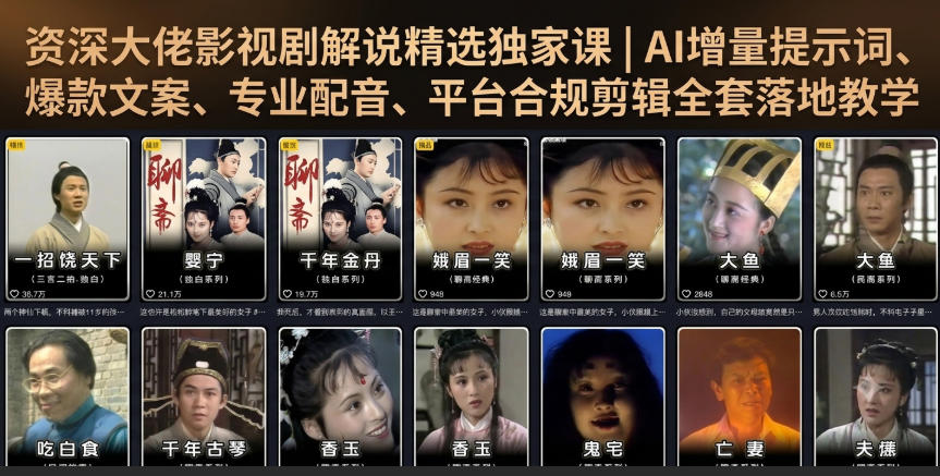 资深大佬影视剧解说精选独家课|AI增量提示词、爆款文案、专业配音、平台合规剪辑全套落地教学-副业网