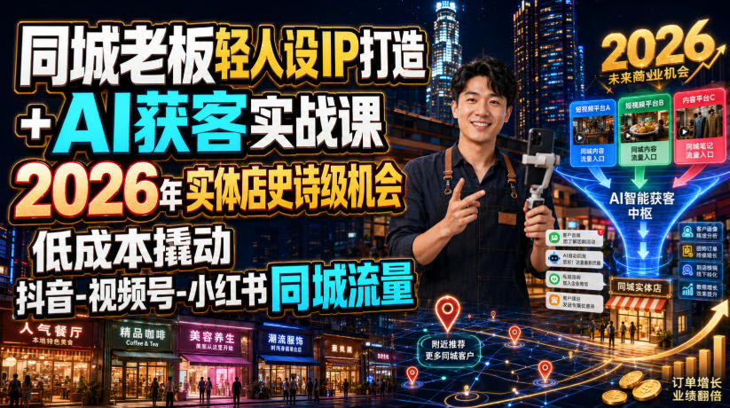同城老板轻人设IP打造+AI获客实战课,2026年实体店史诗级机会,低成本撬动抖音-视频号-小红书同城流量-副业网