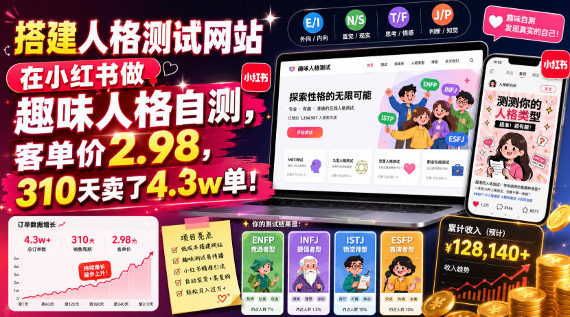 搭建人格测试网站在小红书做趣味人格自测,客单价2.98,310天卖了4.3w单!-副业网
