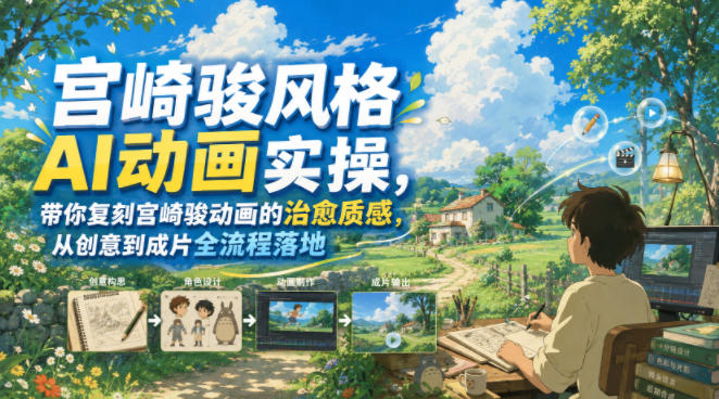 宫崎骏风格AI动画实操，带你复刻宫崎骏动画的治愈质感，从创意到成片全流程落地-副业网