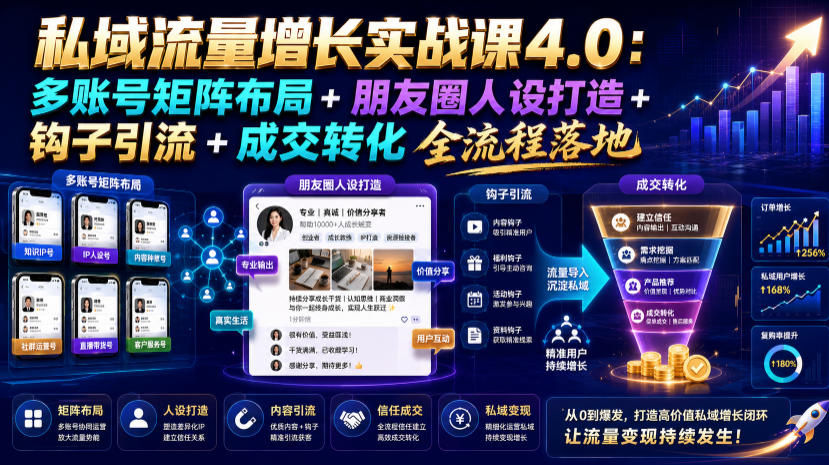 私域流量增长实战课4.0:多账号矩阵布局+朋友圈人设打造+钩子引流+成交转化全流程落地-副业网