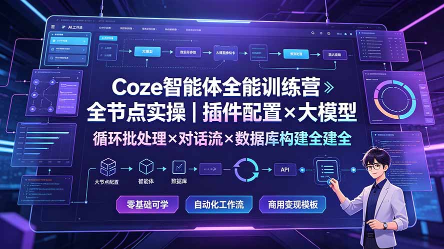 Coze智能体全能训练营:全节点实操|插件配置×大模型×循环批处理×对话流×数据库构建全教学-副业网