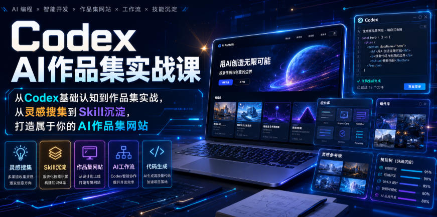 Codex AI作品集实战课,从Codex基础认知到作品集实战,从灵感搜集到Skill沉淀,打造属于你的AI作品集网站-副业网